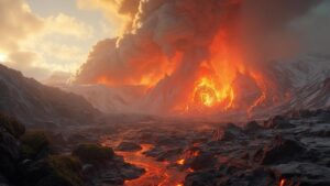 Scène apocalyptique de paysage volcanique en éruption avec des flammes brûlantes